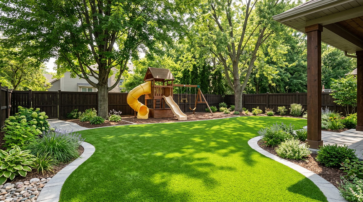 Backyard with artificial turf and children's playset