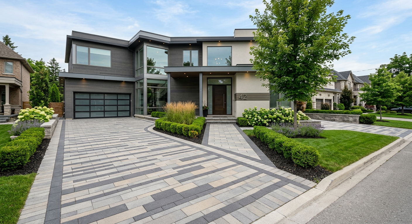 Modern home with paver driveway and landscaping