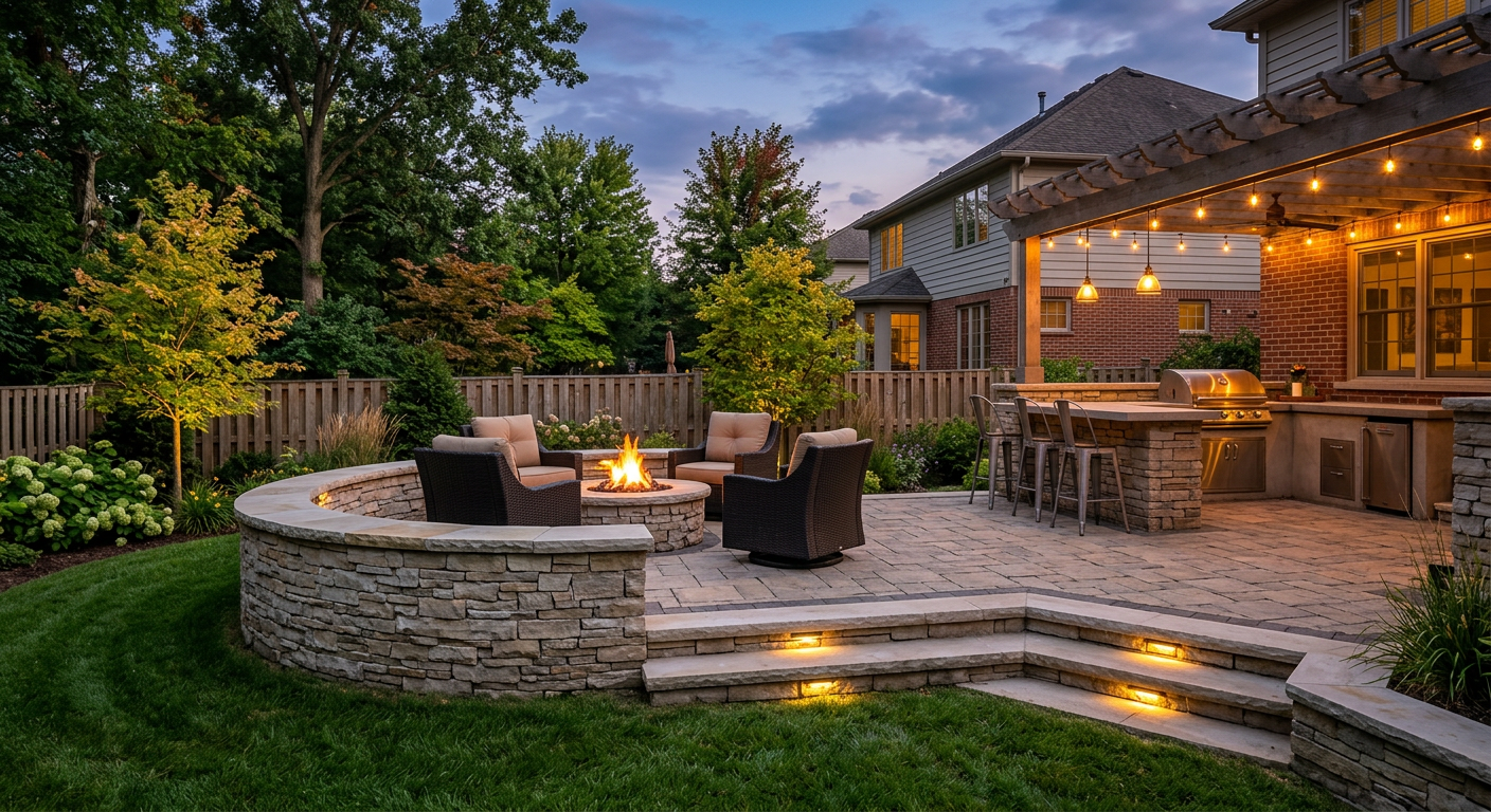 Raised patio with seating wall and fire feature