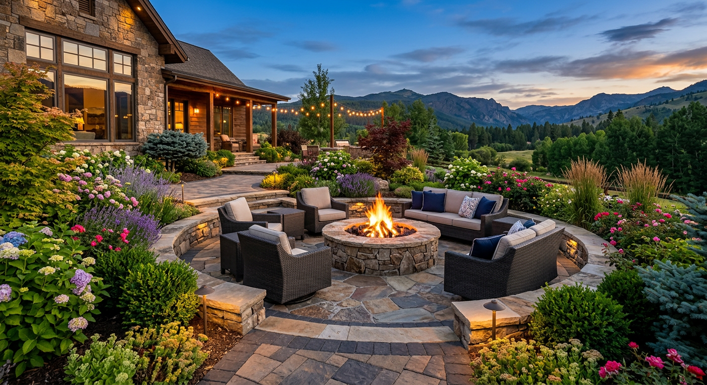 Outdoor patio with fire pit and landscaping