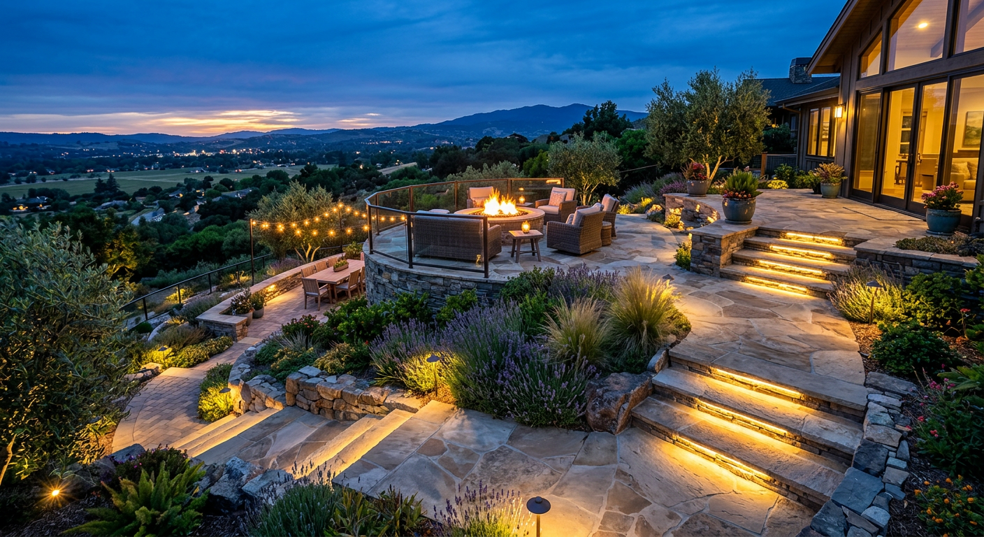 Multi-level patio with illuminated steps